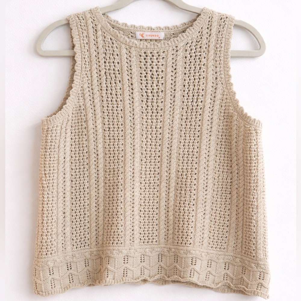 KIRUNDO Beige Crochet Knit Sweater Vest 🤍 Sleeveless Boho Top Size M